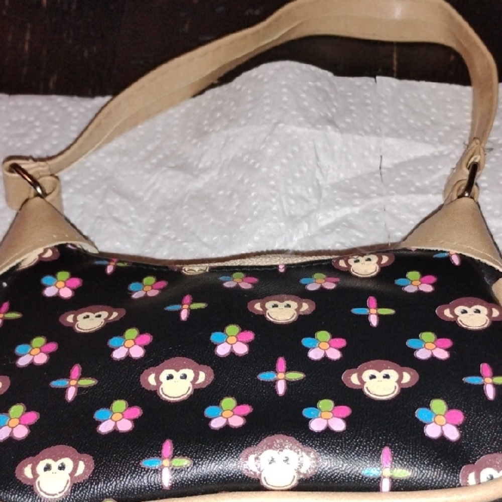 Paul Frank Black and Tan Shoulder Bag with Monkey Print